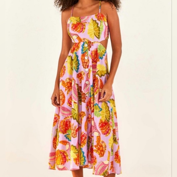 Farm Rio Beaks & Bananas Cut-Out Tassel Midi Dress Size L - Picture 2 of 4